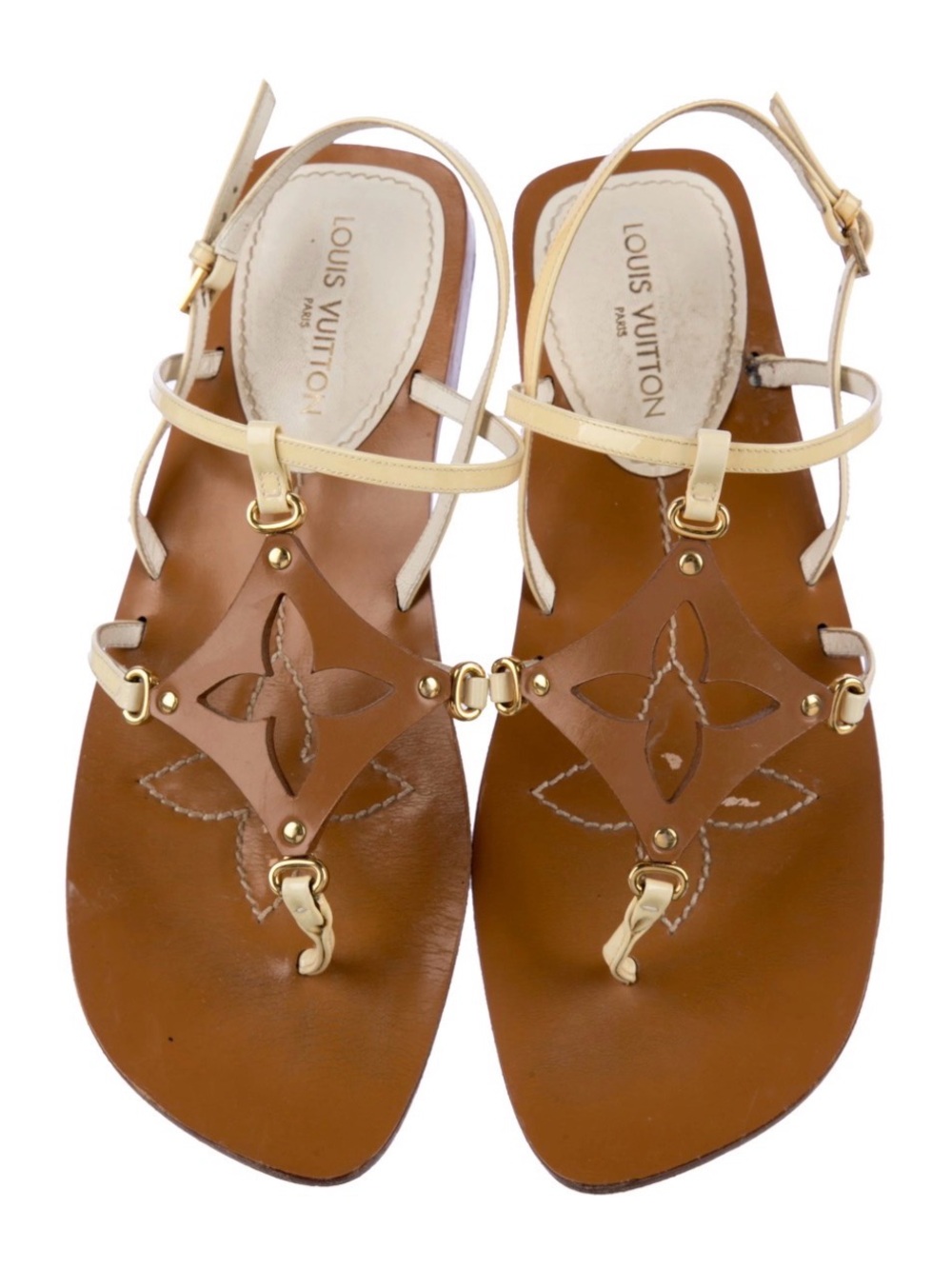 Louis Vuitton Tan and Cream Leather T-Strap Sandals with Gold Hardware